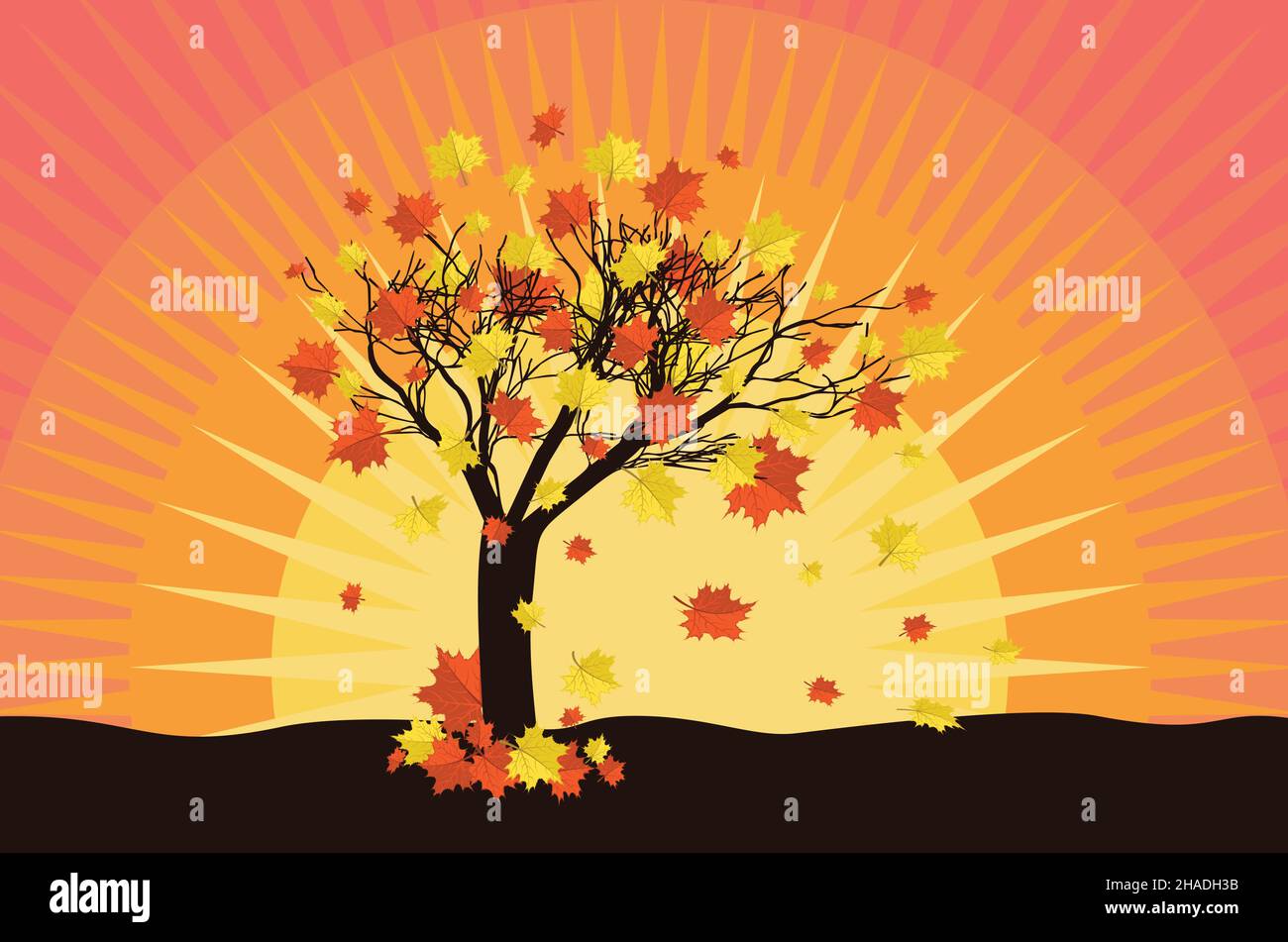 Abstract maple tree with falling autumn leaves over sunset sky background. Stock Vector