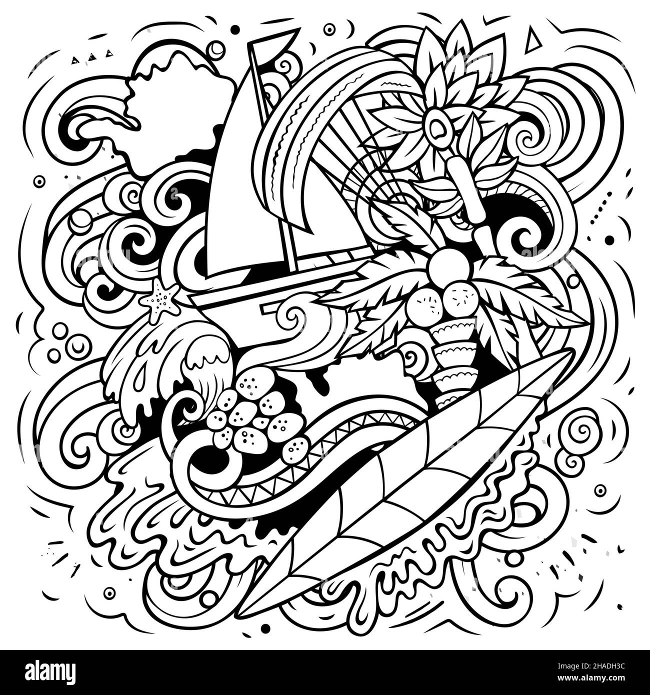 Mauritus cartoon vector doodle illustration. Sketchy detailed composition with lot of Exotic island objects and symbols. Stock Vector