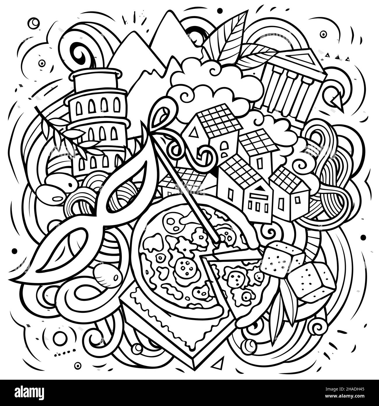 Italy cartoon vector doodle illustration. Sketchy detailed composition with lot of Italian objects and symbols Stock Vector