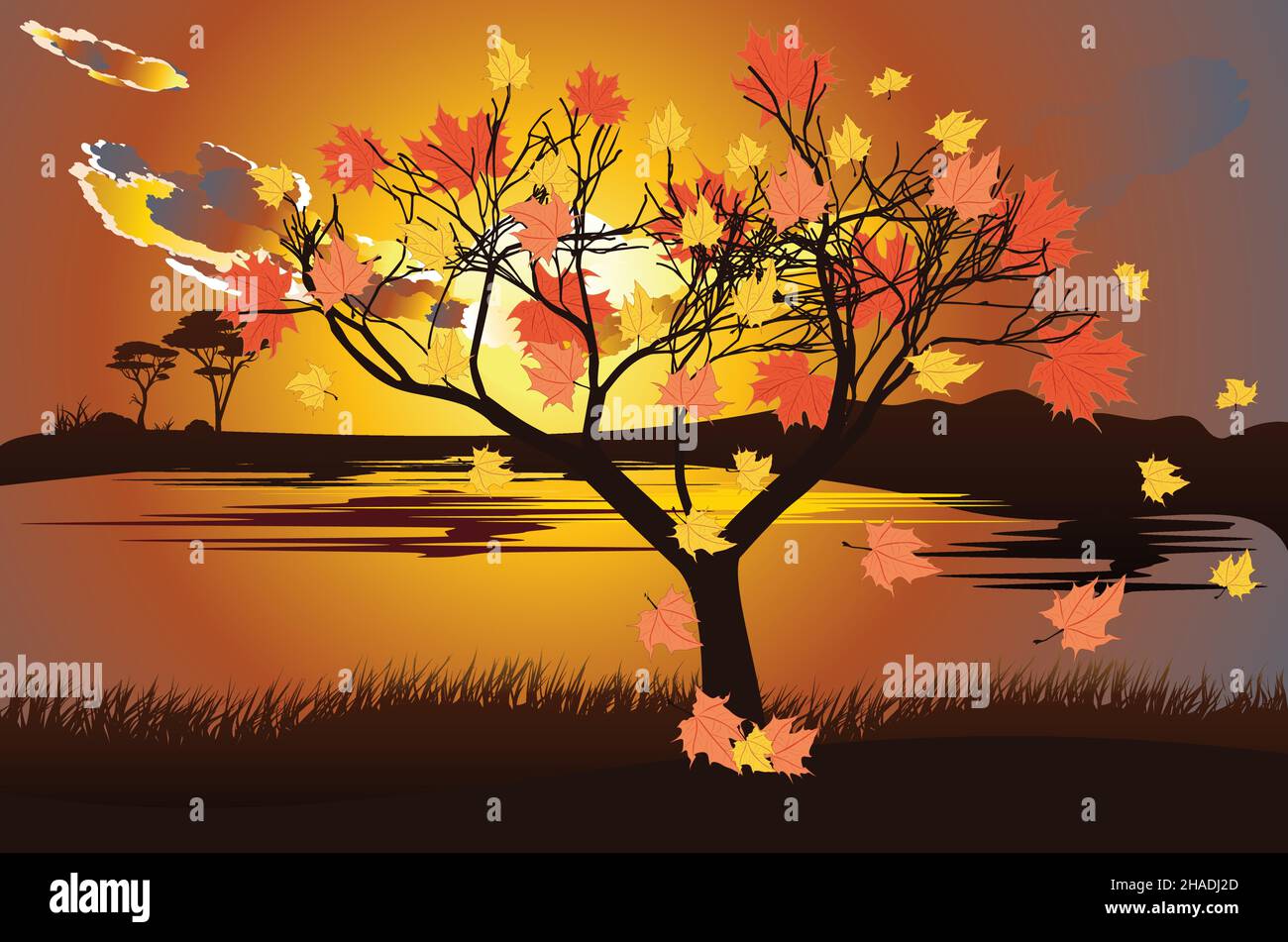 Abstract maple tree with falling autumn leaves over sunset sky background. Stock Vector