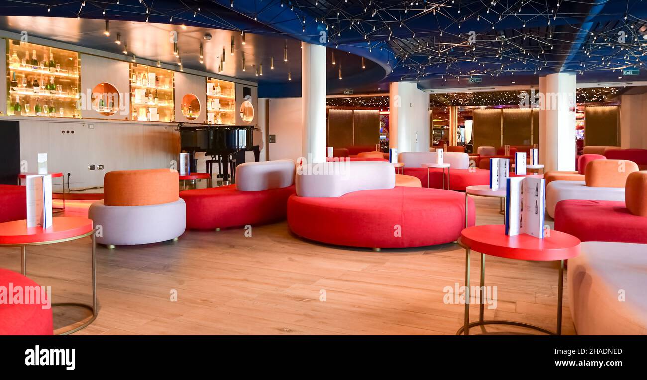 View of the piano bar Conte Rosso inside the cruise ship Costa Fortuna at  the port terminal in Marseille, France, April 28, 2019 Stock Photo - Alamy