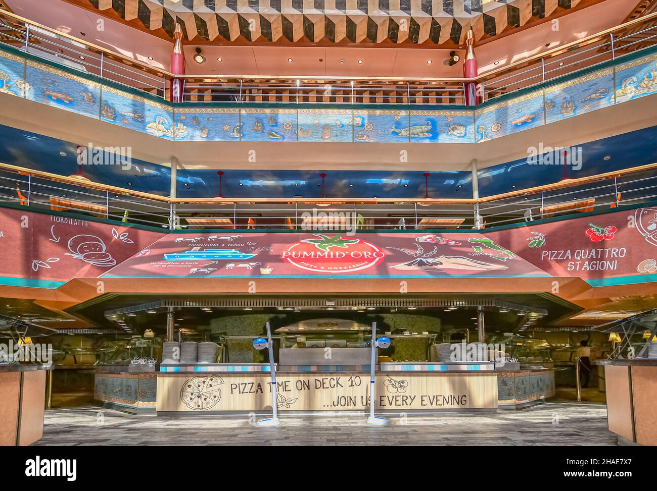 A view of the Cristoforo Colombo buffet restaurant inside the Costa Fortuna cruise ship at the Civitavecchia port terminal, Port of Rome, Italy. Stock Photo