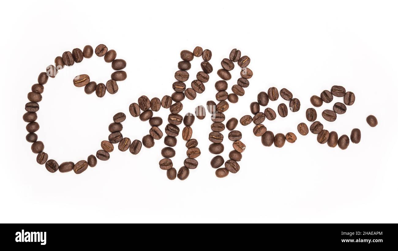 Letter the word coffee made of coffee beans, isolated on white
