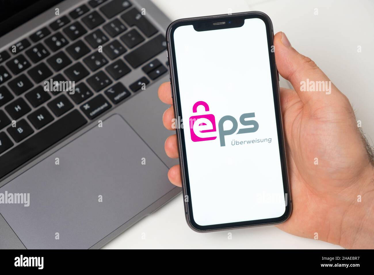 eps uberweisung crypto wallet logo on the screen of mobile phone and notebook on the background, November 2021, San Francisco, USA. November 2021, San Francisco, USA Stock Photo
