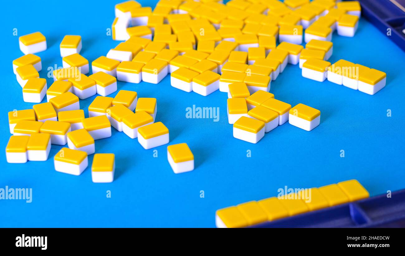 Many Mahjong tiles on the playing field. An ancient asian game called Mahjong as a way to spend your free time with joy and get some fun. Selective Stock Photo