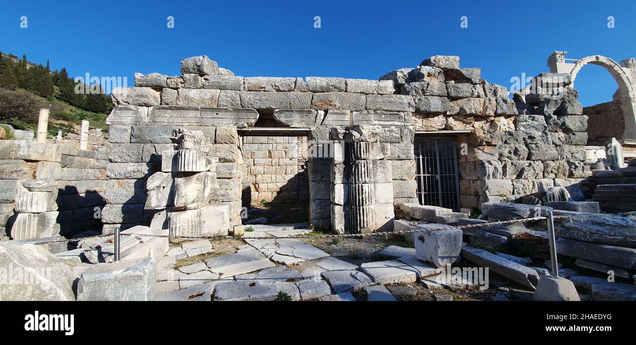 A scenic shot of the Arcadian way, Library of Celsus, and amphitheater at Ephesus, Turkey Stock Photo