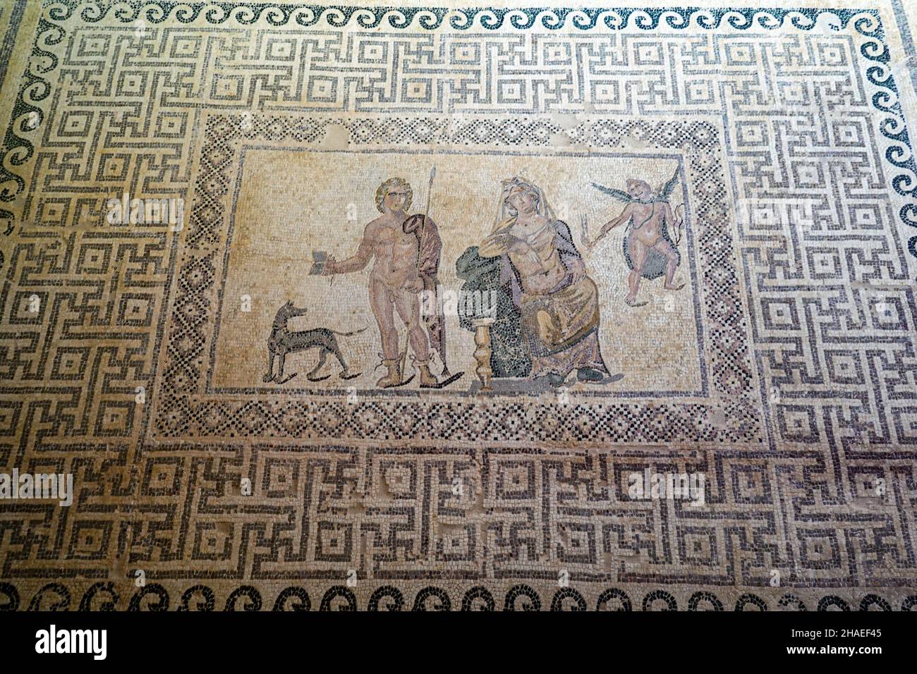 Roman mosaics in ancient villa at Old Paphos, Paphos, Pafos, Cyprus, Mediterranean, holiday destination Stock Photo