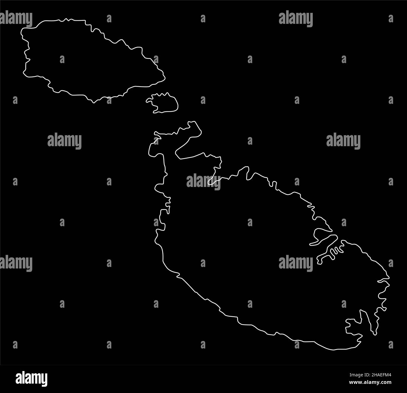 An outline of Malta map with white color on a black Background Stock Photo