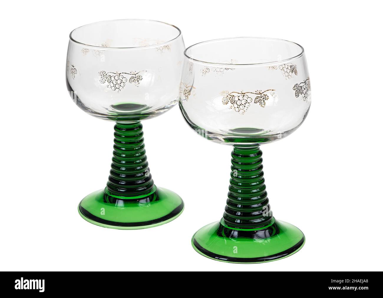 Pair of Roemer traditional German wine glasses with green coiled stem