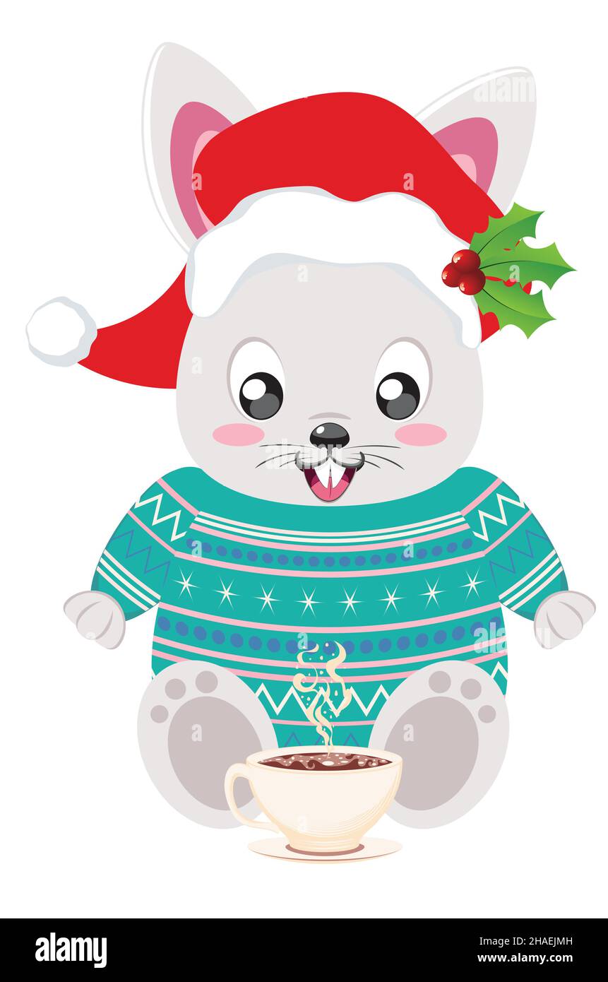 Cute cartoon bunny or rabbit in knitted winter clothing and Santa hat ...