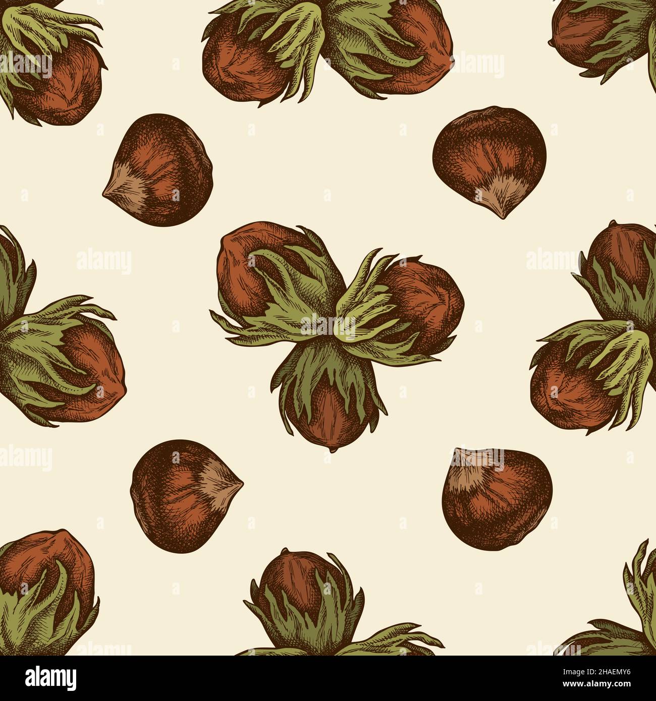 Seamless pattern with hand drawn colored hazelnut, letters Stock Vector