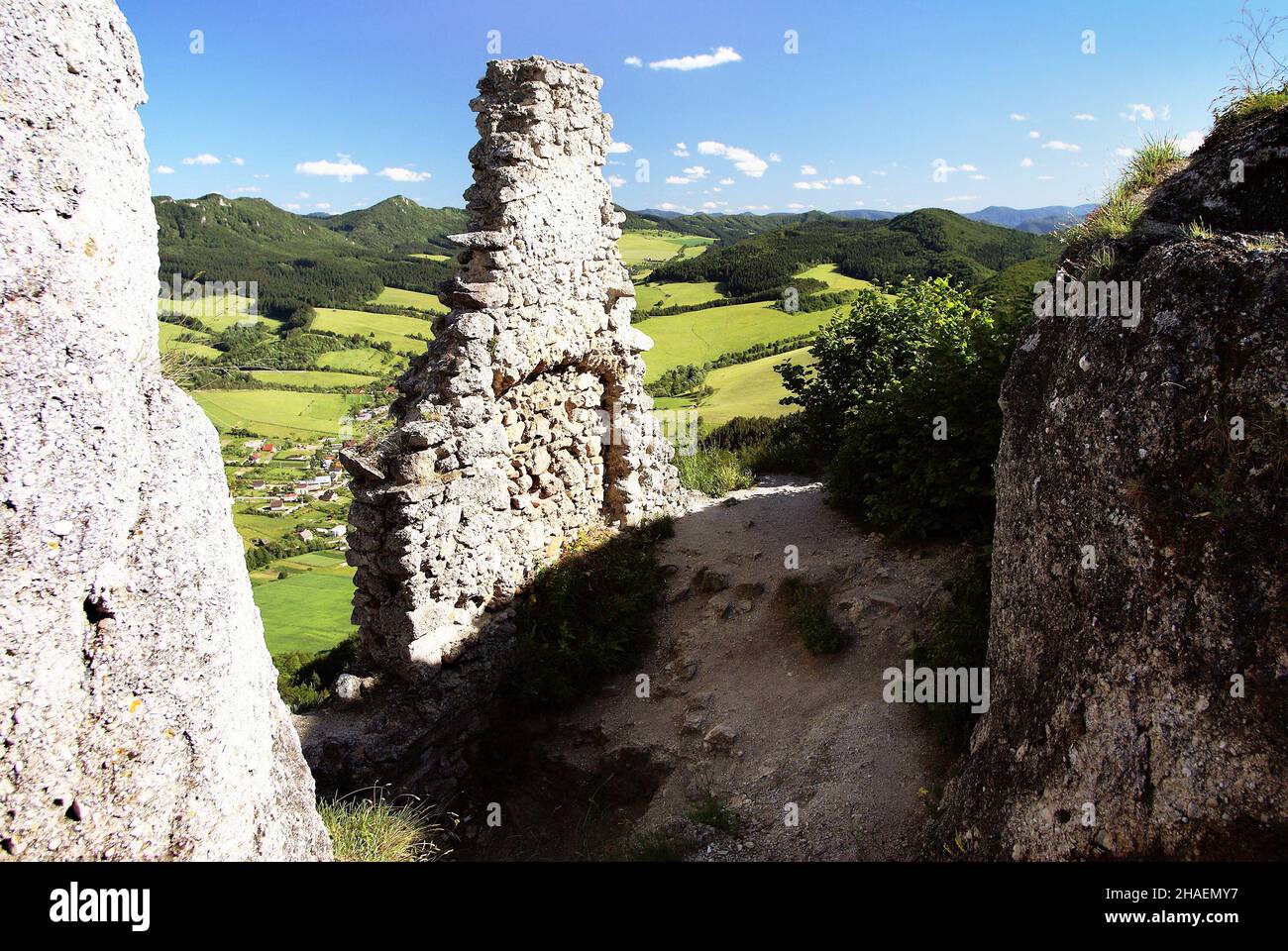view of sulov village from ruin of sulov castle - slovakia - slovak republic Stock Photo