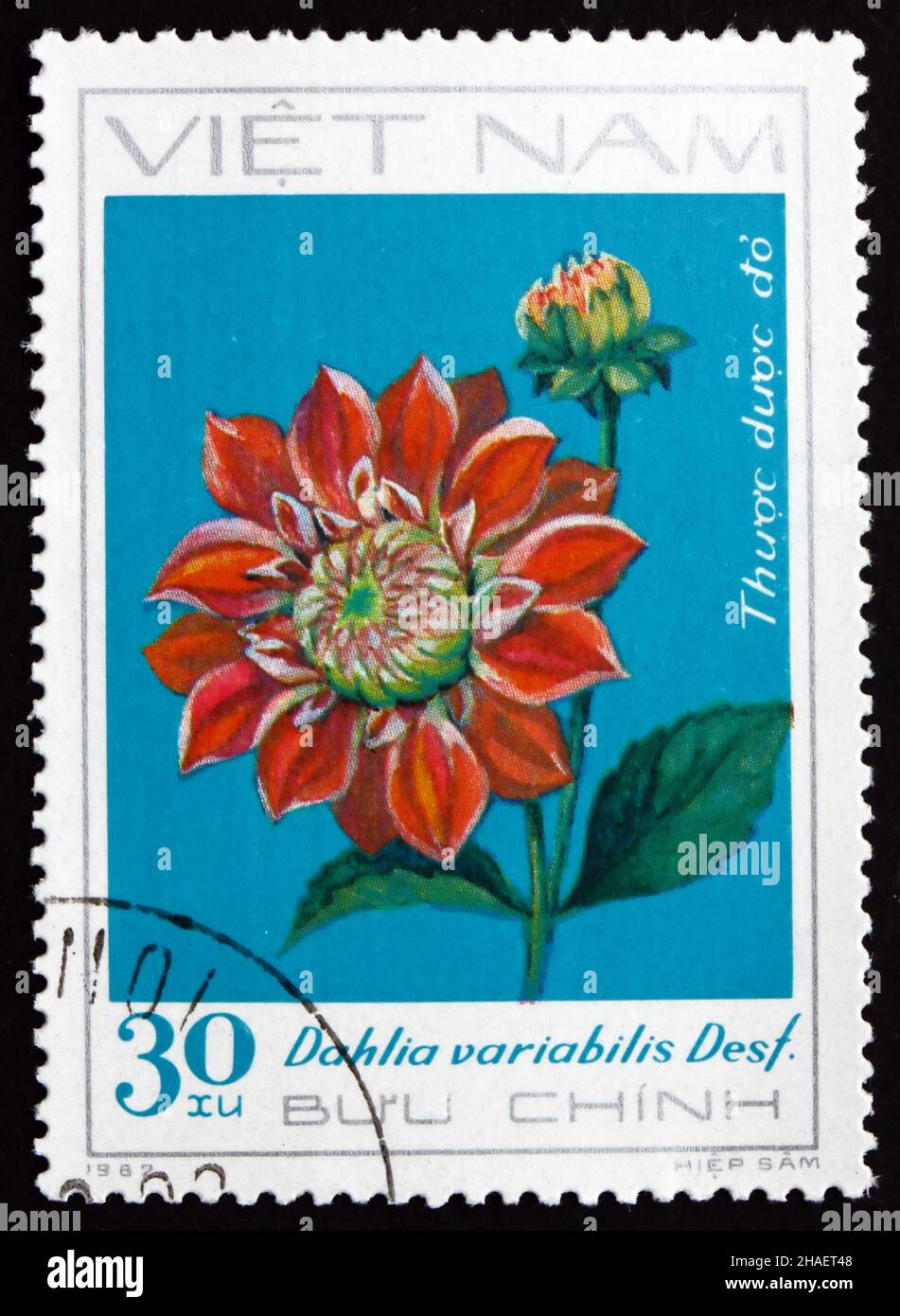 VIETNAM - CIRCA 1984: a stamp printed in Vietnam shows Georgina, Dahlia Variabilis Desf., Flower, circa 1984 Stock Photo