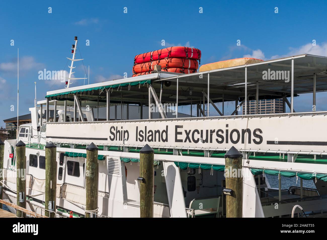 Ship Island Ferry and Excursions tour boat in Gulfport Harbor, Mississippi, USA. Stock Photo
