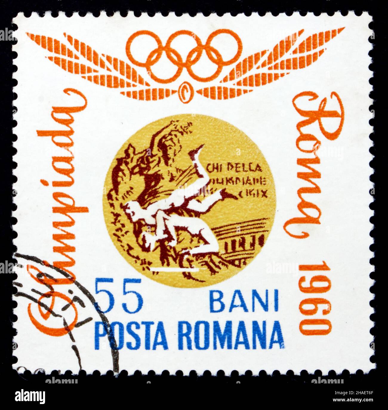 ROMANIA - CIRCA 1964: a stamp printed in the Romania shows Wrestling, Rome 1960, Romanian Olympic Gold Medal, circa 1964 Stock Photo