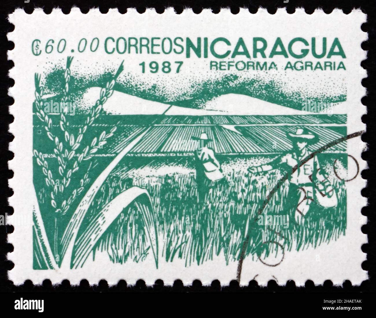 NICARAGUA CIRCA 1987 a stamp printed in Nicaragua shows Rice Paddy, Agrarian Reform, circa