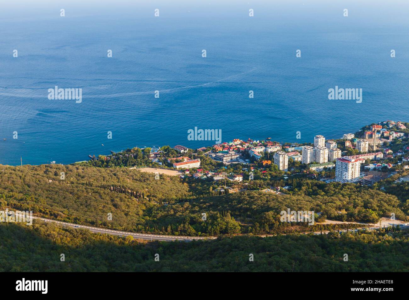Foros aerial view, coastal landscape with Black Sea and urban-type settlement in the Yalta Municipality, Crimea Stock Photo