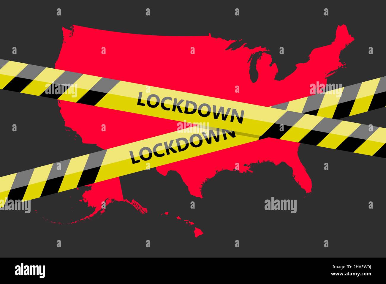 lockdown tape over USA American state silhouette. Coronavirus threat. Concept image. Vector illustration Stock Photo