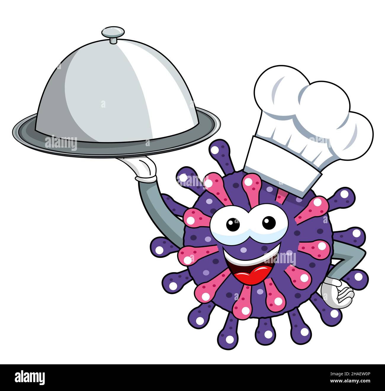 Cartoon mascot character virus or bacterium cook or chef tray meal isolated vector illustration. Stock Photo