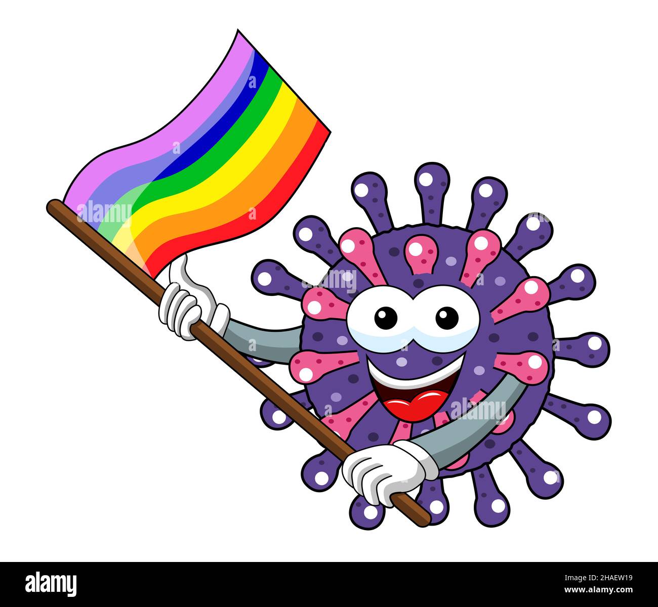 Carton mascot character virus or bacterium holding peace love rainbow flag isolated vector illustration Stock Photo