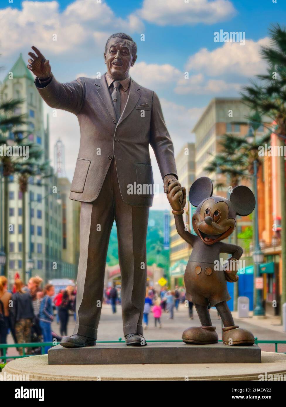 The Partners Statue,depicting Walt Disney and Mickey Mouse, (aka 'Team Disney Building') on the Walt Disney Studios in Paris Stock Photo