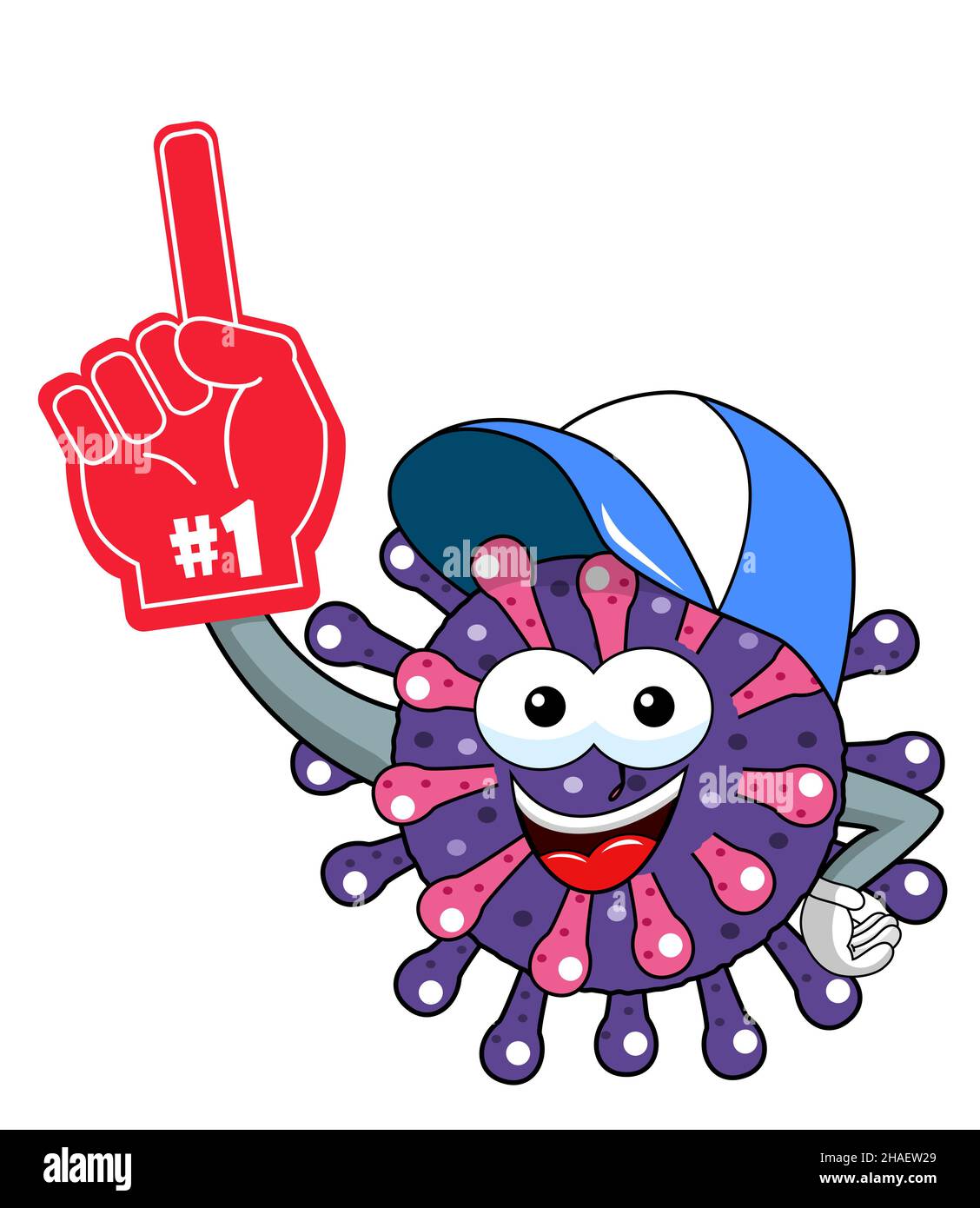 Cartoon mascot character virus or bacterium number one glove sport supporter isolated vector illustration. Stock Photo