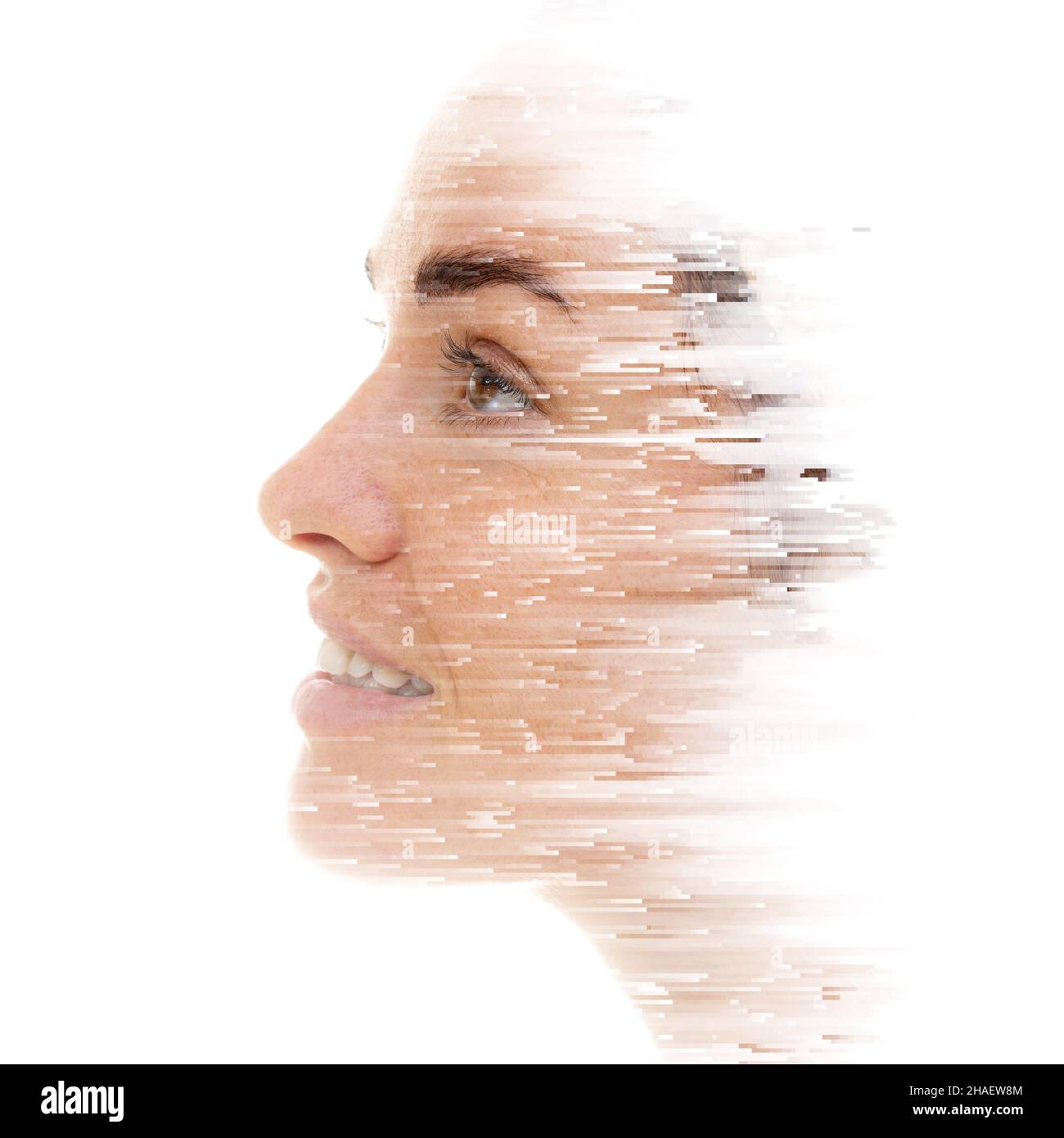 A double exposure portrait of an attractive woman combined with digital art. Stock Photo