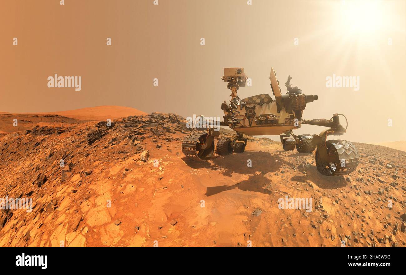 Mars. The rover against the backdrop of a true Martian landscape. Exploring Mission To Mars. Colony on Mars. Elements of this video furnished by NASA. Stock Photo