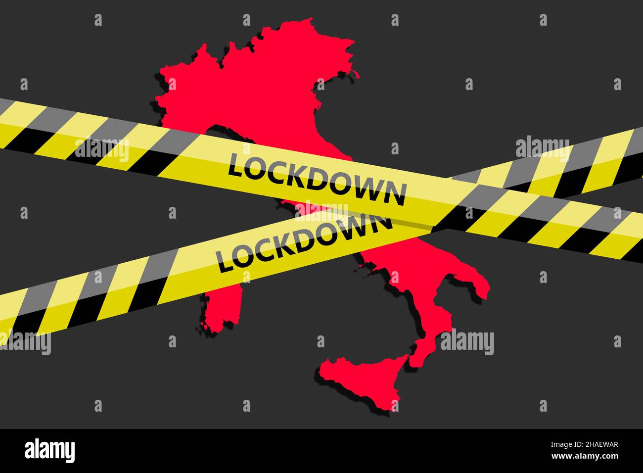 lockdown tape over italy silhouette. Coronavirus threat. Concept image. Vector illustration Stock Photo