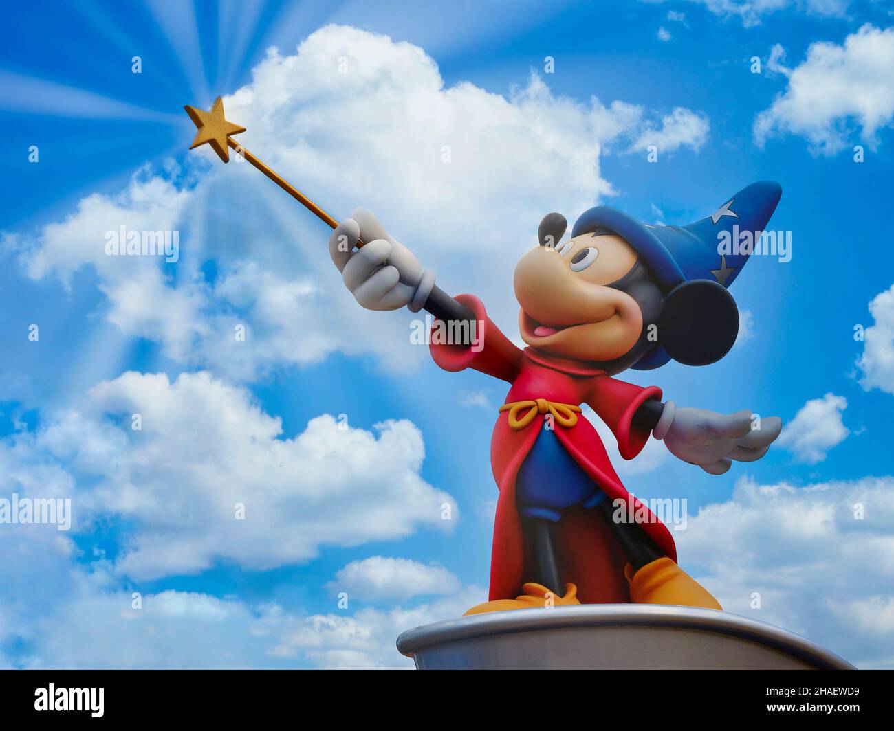 Paris, France - April 2019: michey mouse wizard statue holding magic wand Stock Photo