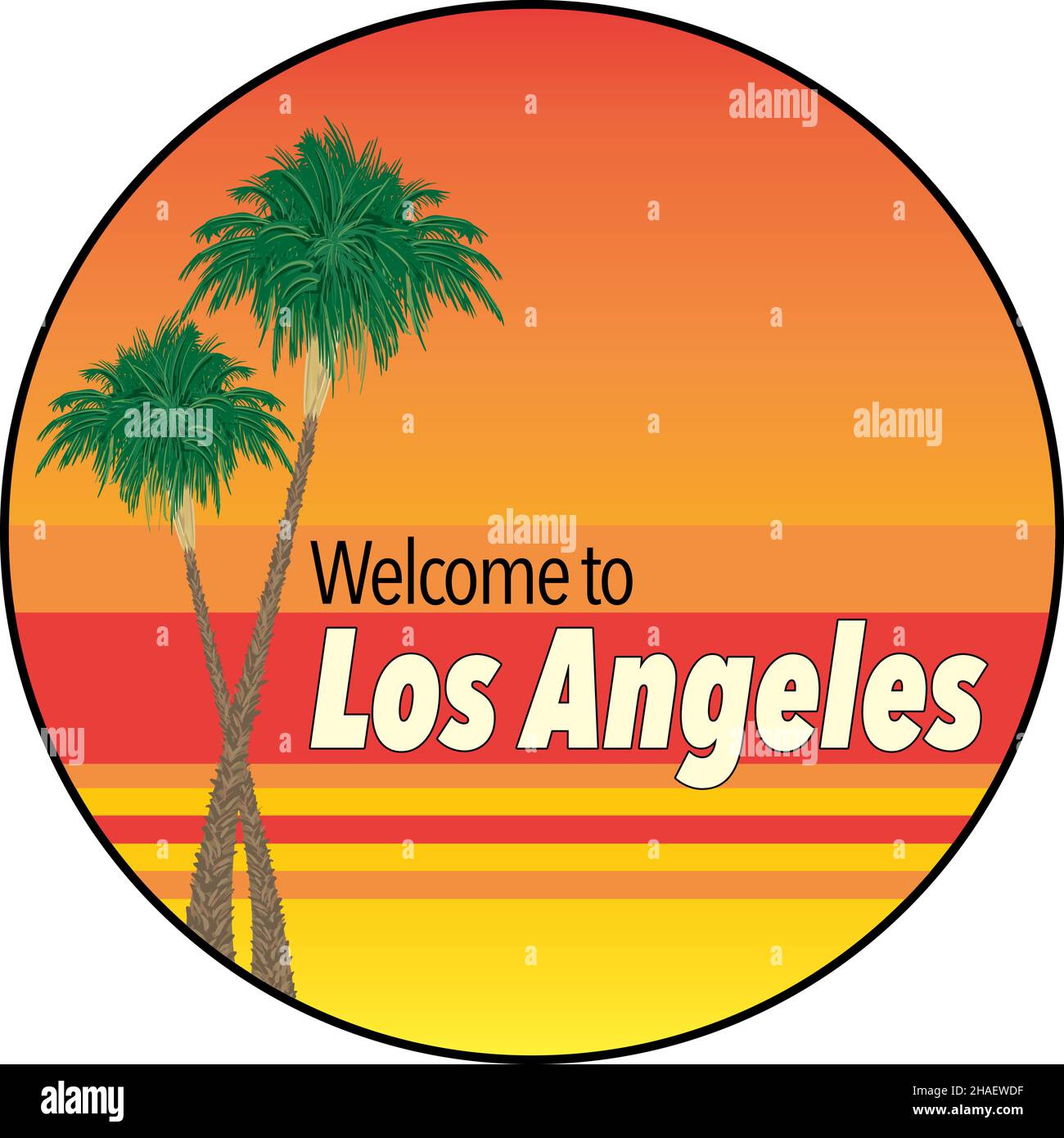 Welcome to Los Angeles design with palm trees and sunset colors - Vector Illustration Stock Vector