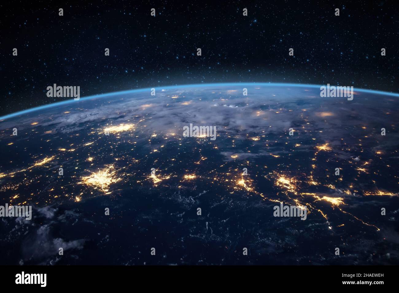 Atmosphere of the Earth from space view of planet Earth. City lights. Elements of this image were furnished by NASA. Stock Photo