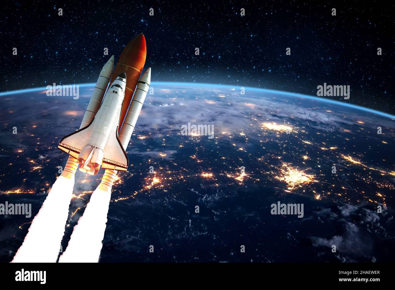 Spaceship on mission in the universe. Exploration Discovery background copy space. Element of image by NASA. Stock Photo