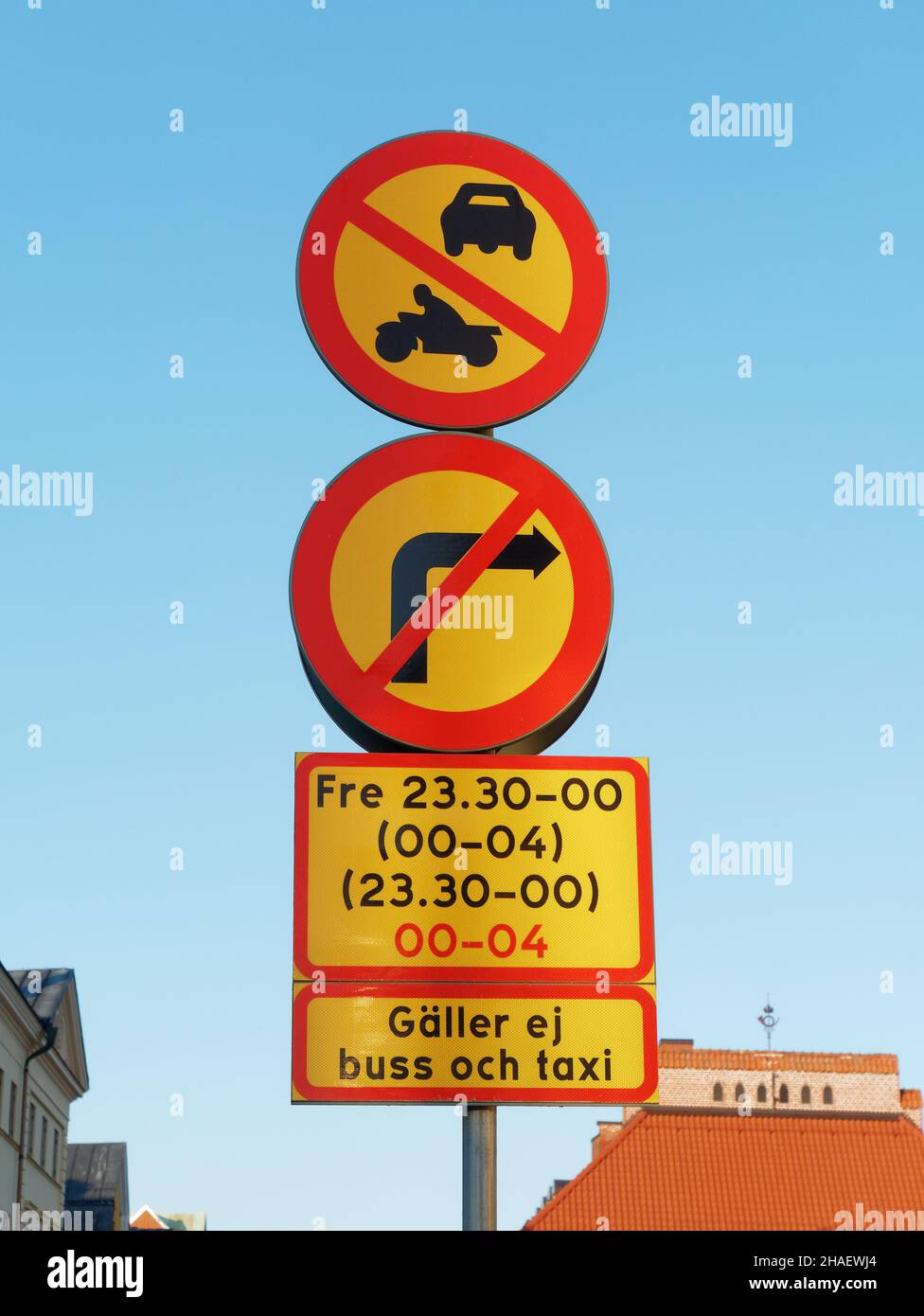 Swedish road sign (translate galler ej buss och taxi does not apply to buses and taxis) Stock Photo