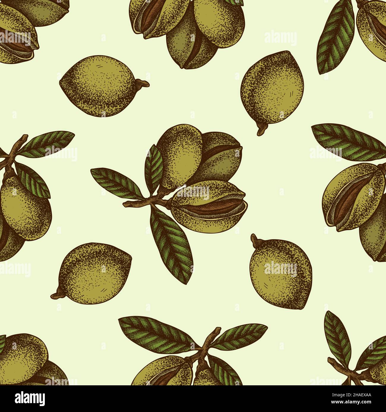 Seamless pattern with hand drawn colored almond, letters Stock Vector