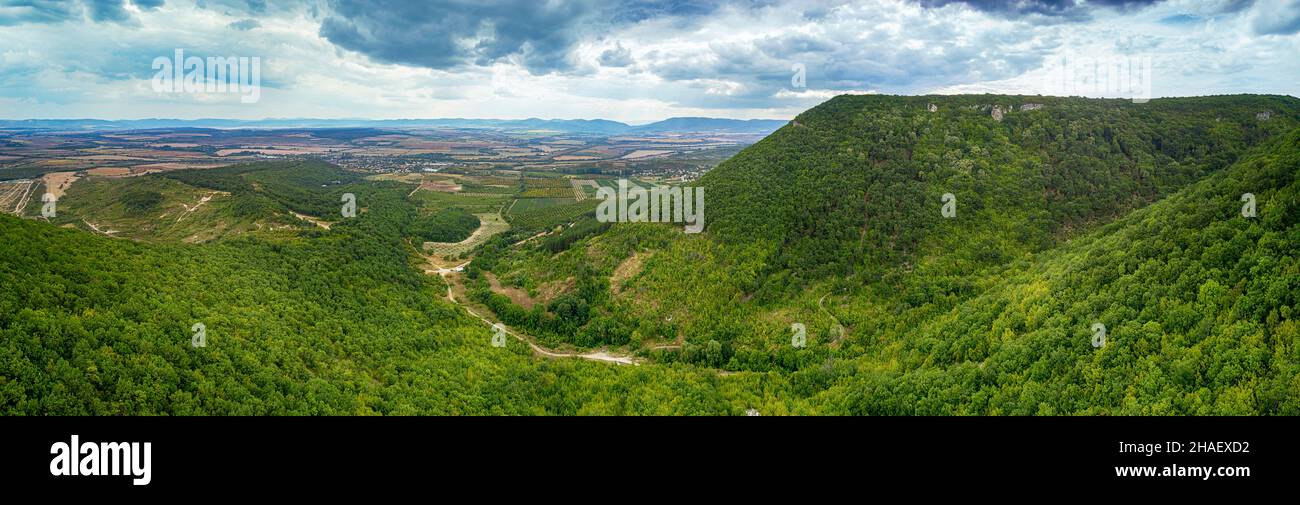 Drone top view Hankrumovski Rock-monastery (Shumen plateau, Bulgaria) Stock Photo