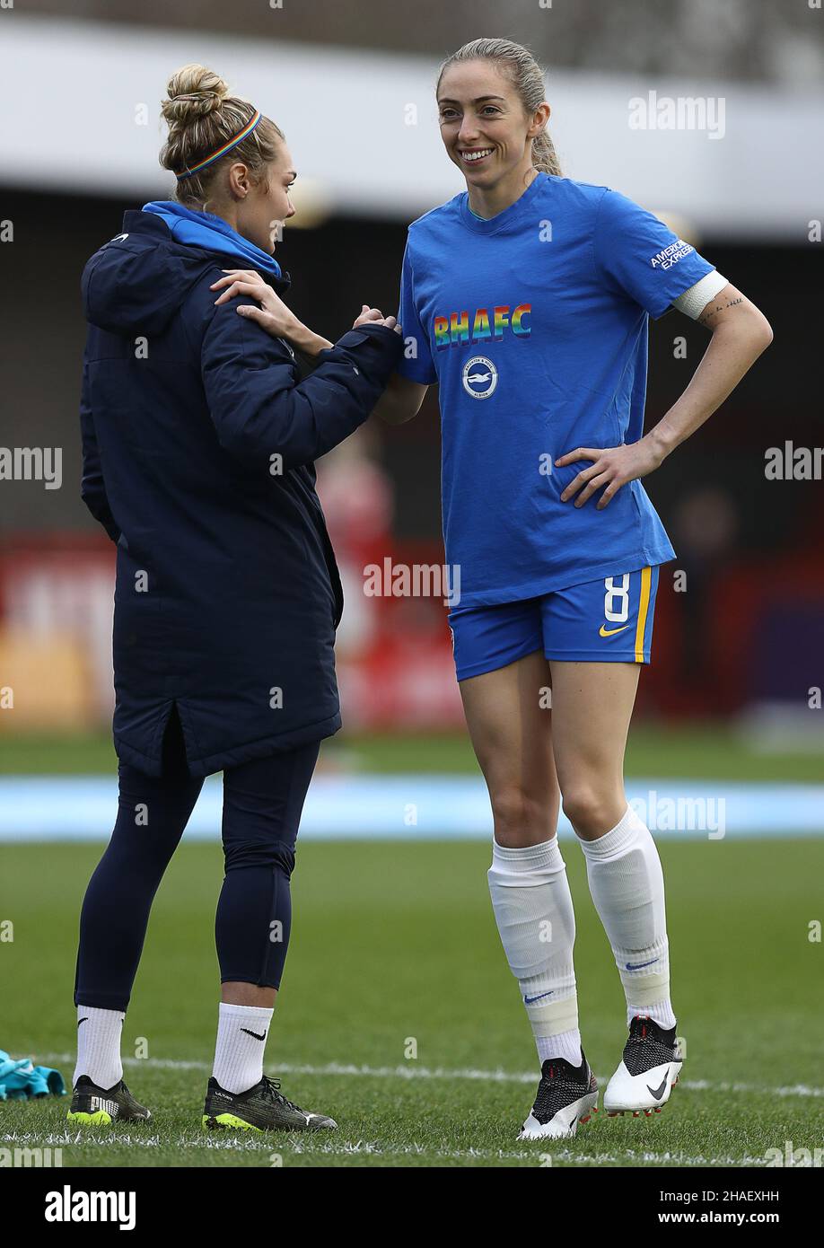 Crawley, UK, 12th December 2021. Megan Connolly (R) of Brighton and Hove Albion warms up ahead of the The FA Women's Super League match at The People's Pension Stadium, Crawley. Picture credit should read: Paul Terry / Sportimage Credit: Sportimage/Alamy Live News Stock Photo