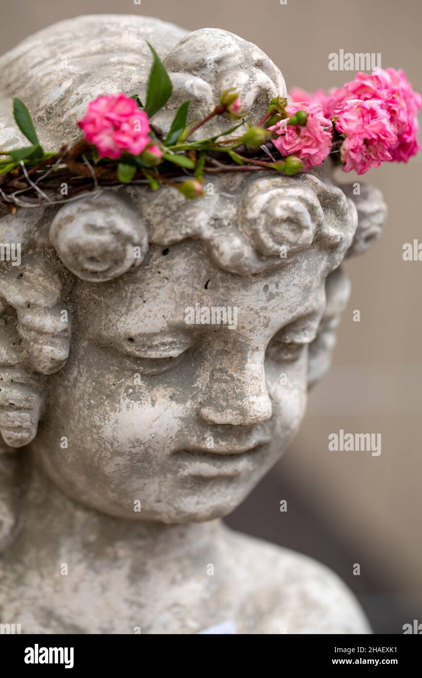 Head of an angel figurine with a pink roses flower wreath Stock Photo