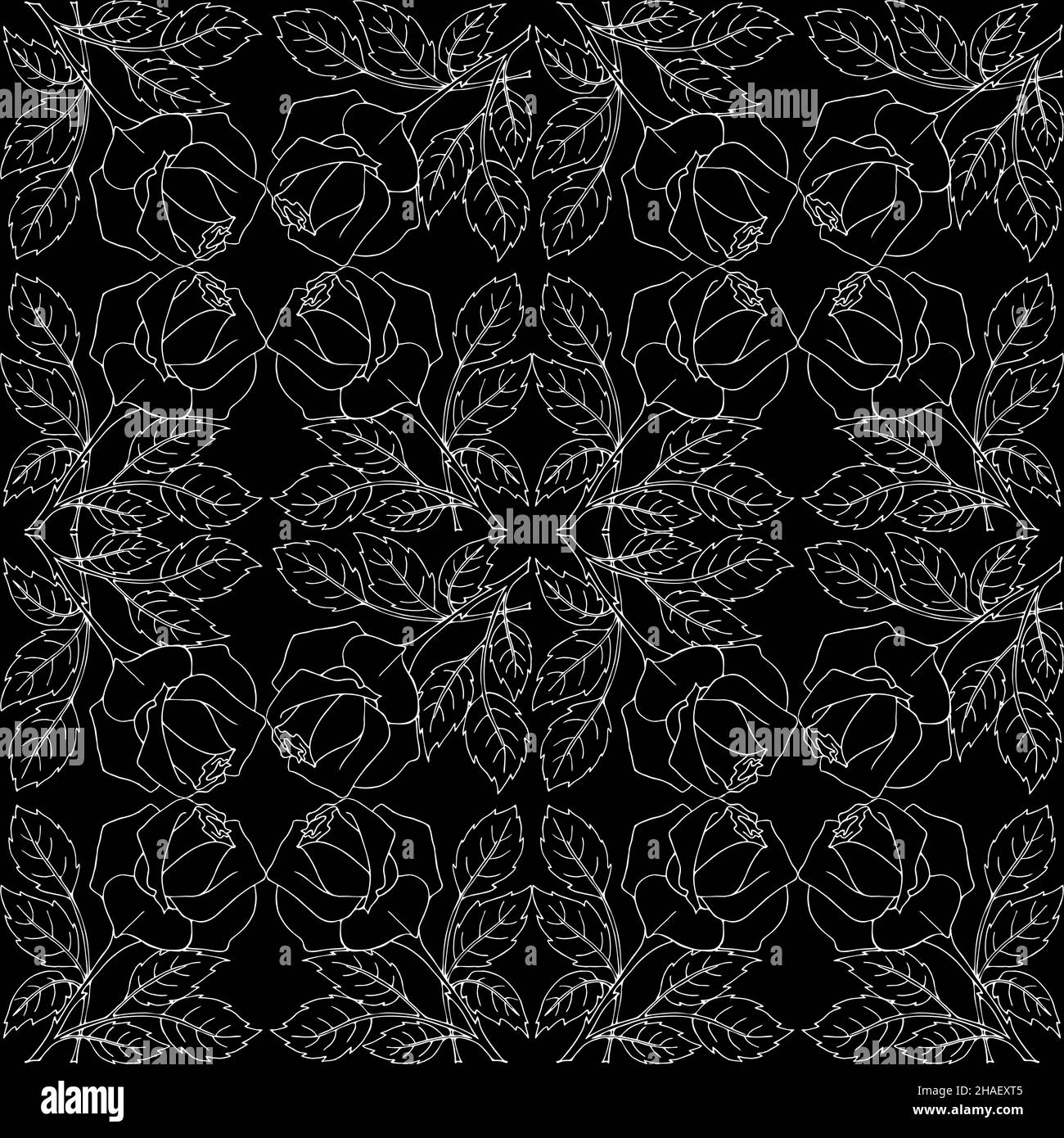 endless white floral pattern on black background Stock Photo