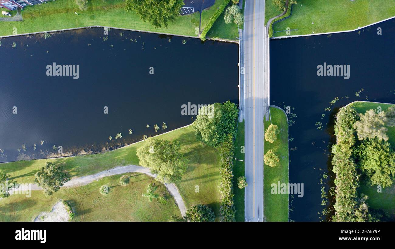 Bridge Park Over Rivers An aerial view of green parks and a bridge over the river in Fort ...