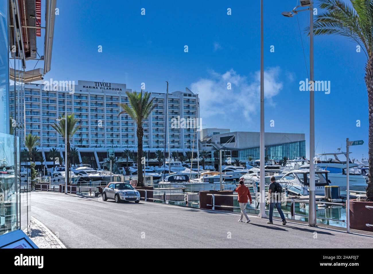 The harbour area in Vilamoura, Portugal with the 5 star Tivoli Hotel in the background. Stock Photo