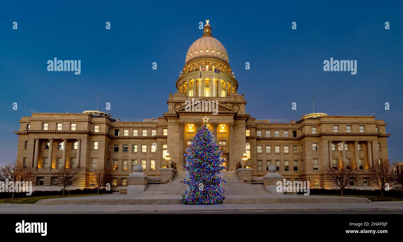 Idaho State Capital Christmas tree at night Stock Photo