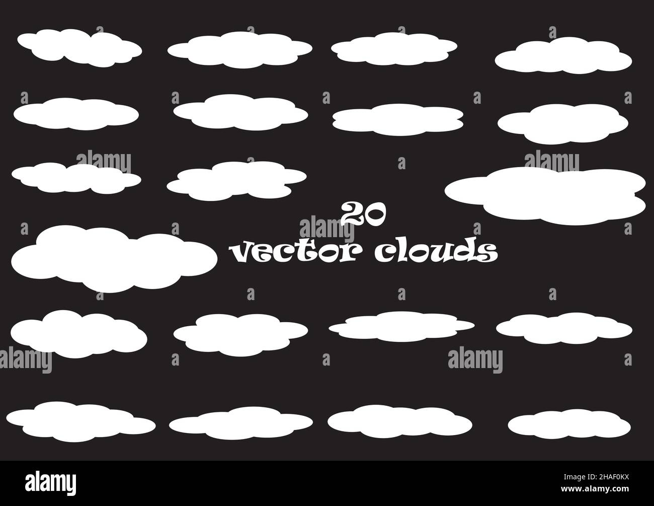 Flat cloud vector icons isolated over black background, white fluffy ...