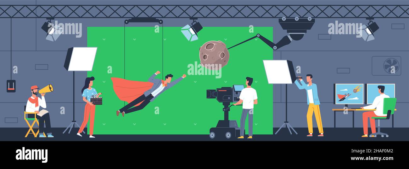 Movie production process. Actor action on green screen, shooting movie scene, cinema artist, film crew, director and operator with professional Stock Vector