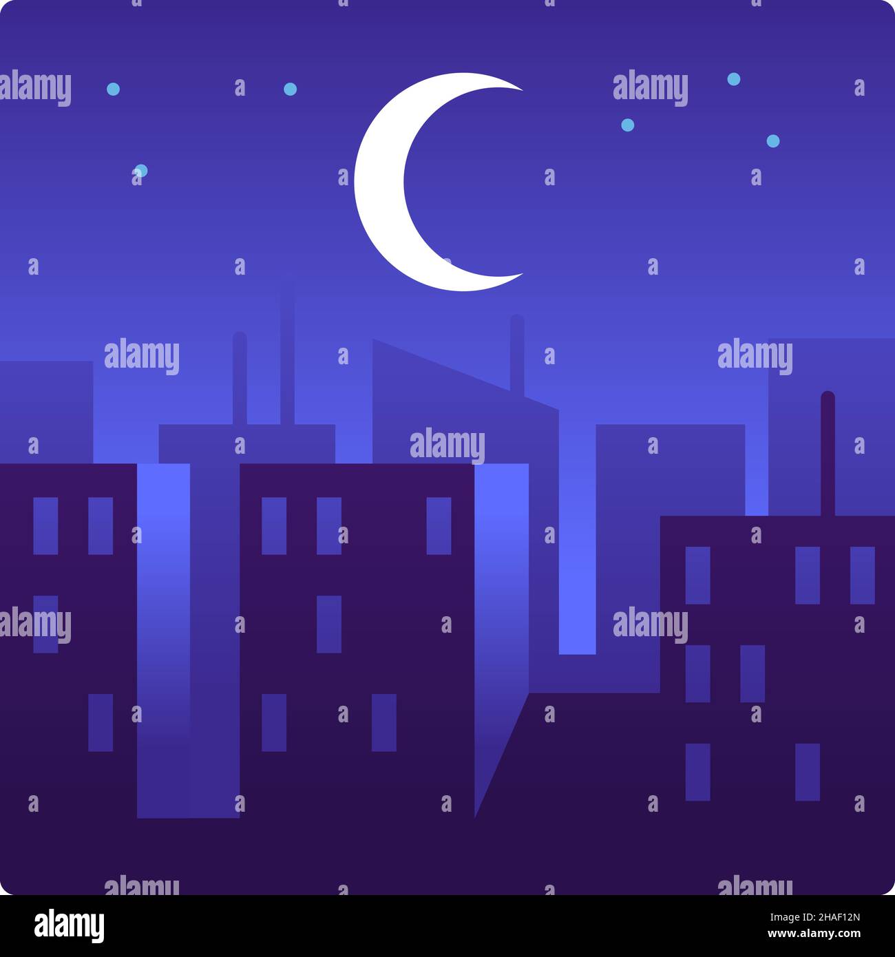 Night time in city street. Moon shining above skyscrapers Stock Vector