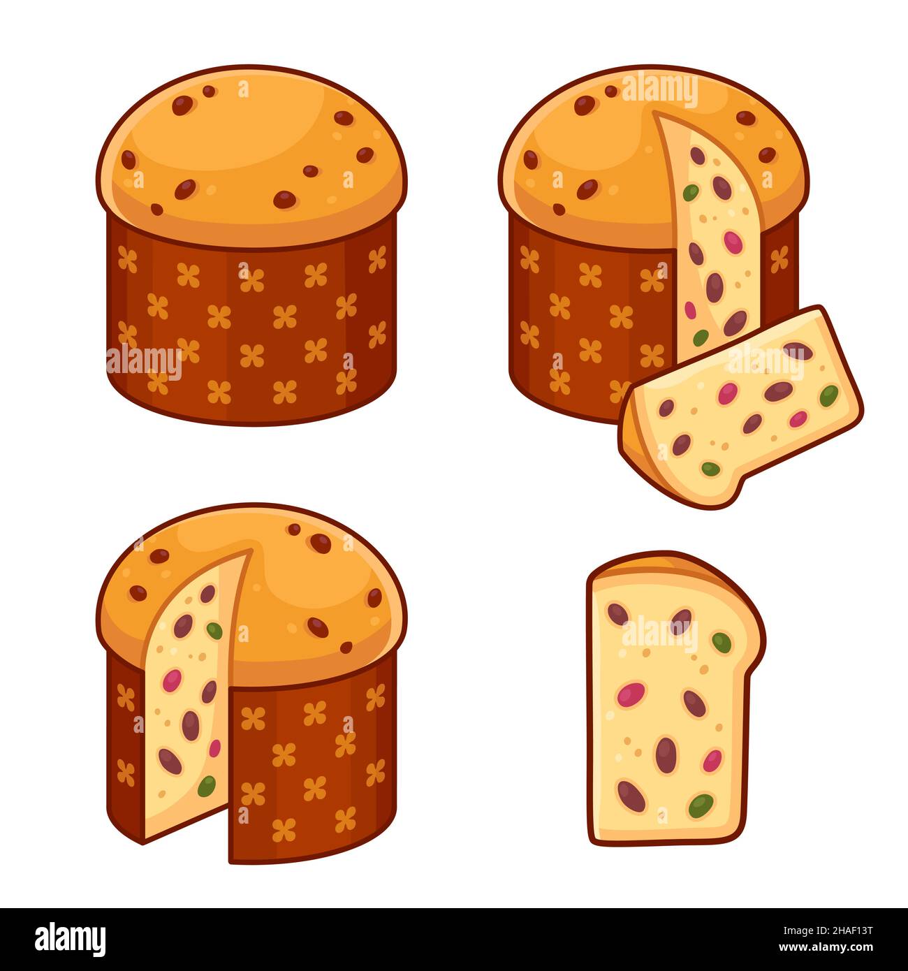 Panettone, traditional Italian Christmas sweet bread illustration set.  Whole cake, cross section, cut out wedge. Cartoon drawing, vector clip art  Stock Vector Image \u0026 Art - Alamy, image size:1300x1390