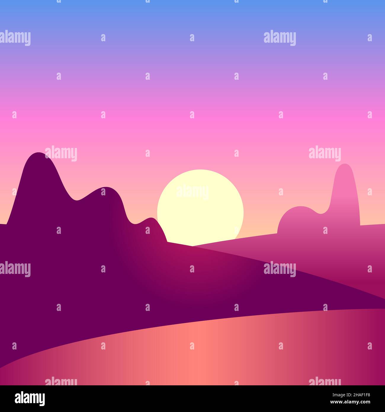 Sunrise time. Morning landscape with sun rising on blue sky Stock