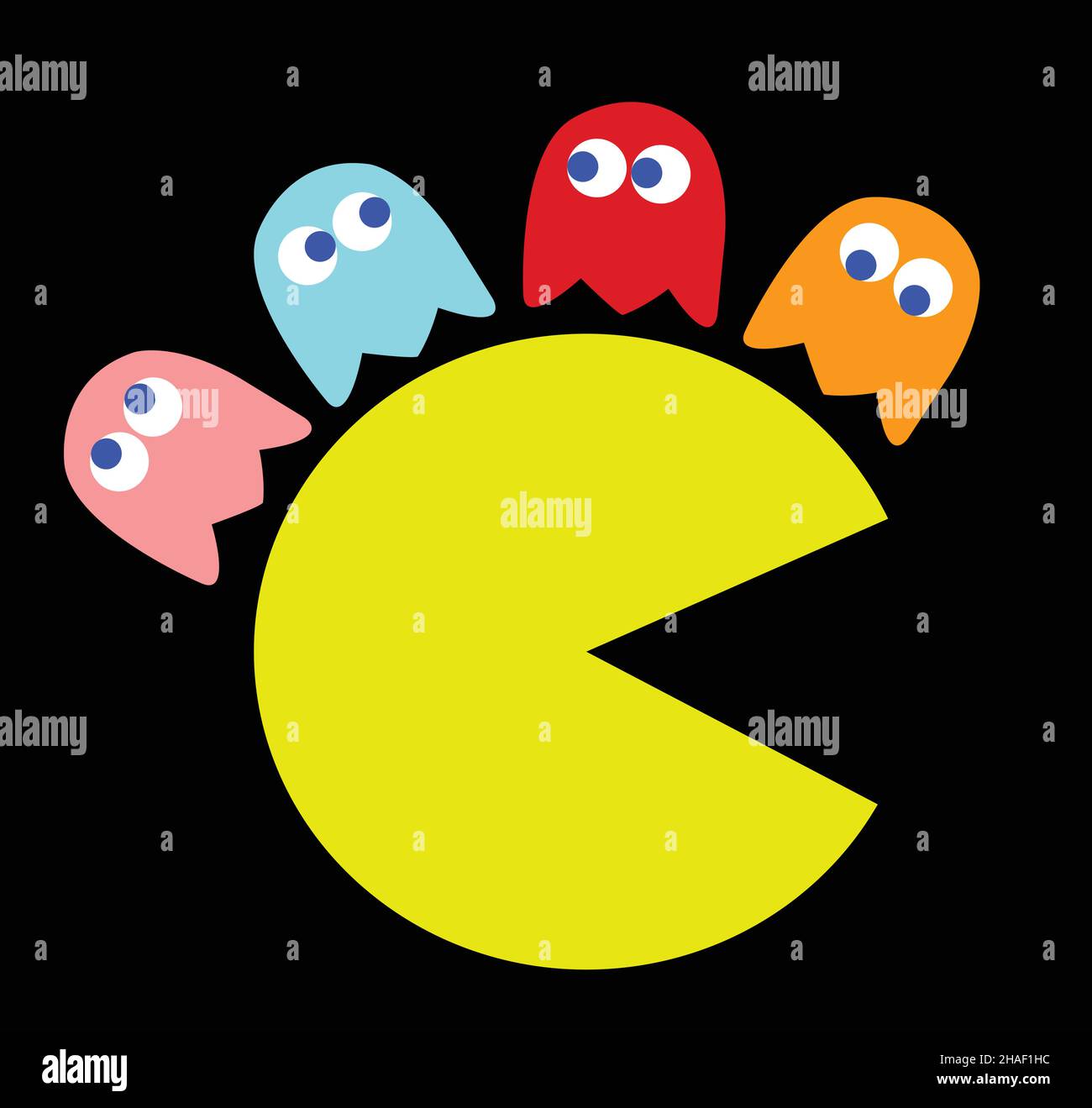 Pac-Man with his enemies sitting on his head. Retro game theme vector illustration. Computer game with characters isolated over black background Stock Vector