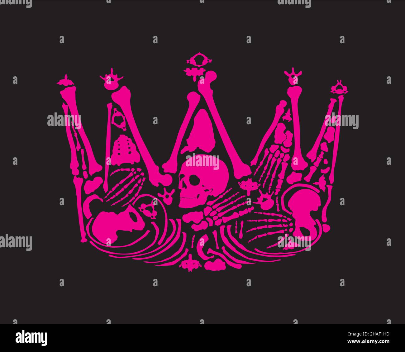 A very cool Royal Crown. Crown of human skulls and bones. Human bones laid out in the shape of a crown. T-shirt print design. Stock Vector