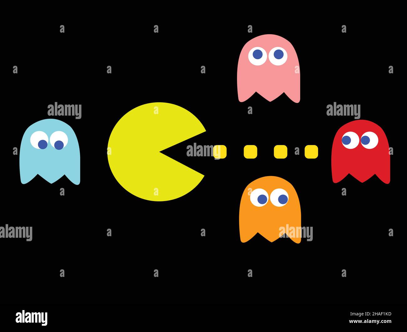 Pac-Man game theme vector illustration. Retro computer game with Pac-Man, Pinky, Blinky, Inky and Clyde characters Stock Vector